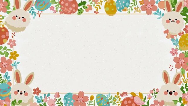 Easter Bunny and Colorful Eggs, Flower Field Frame Background