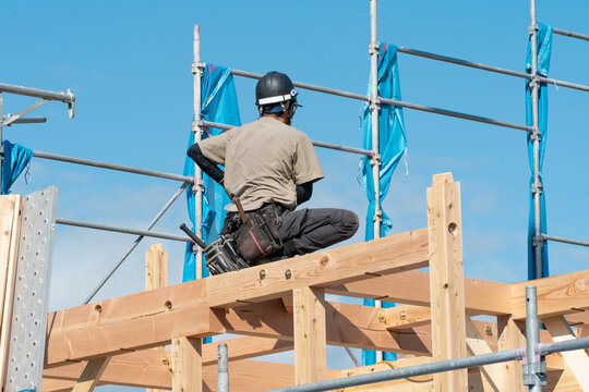 新築木造住宅の上棟。梁の上で建方作業をする大工職人の後ろ姿