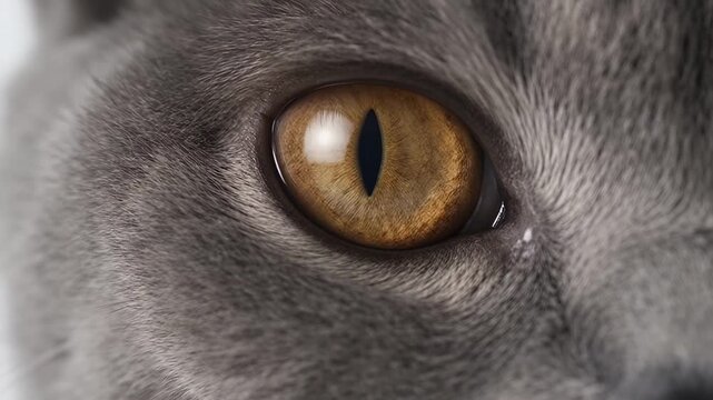 Animal - Extreme close up of a gray domestic cat eye blinking and looking around with amber iris and vertical pupil