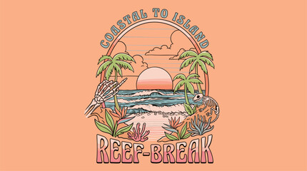 Coastal island reef break illustration. Summer beach vector design. Tropical sunset print.. Reef b © rahel lila