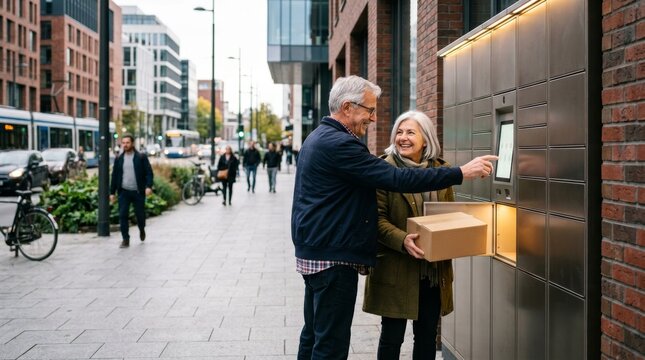 Senior couple collecting parcel from outdoor locker in city street. Contactless parcel retrieval. Smart locker pickup. Online shopping delivery concept. Man using touchscreen station.