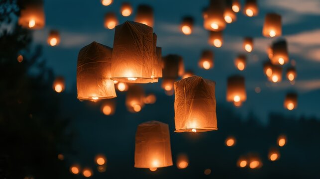 Floating glowing paper lanterns illuminated in dark night sky during outdoor festival or celebration event