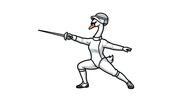 Cartoon white swan character practicing the sport of fencing.