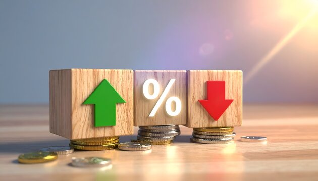 Wooden percentage block balanced on coins with green and red arrows, symbolizing financial growth and decline, changing interest rates, investment, and market volatility.