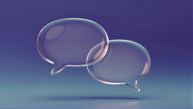 Two translucent speech bubbles float against a gradient purple-blue background.