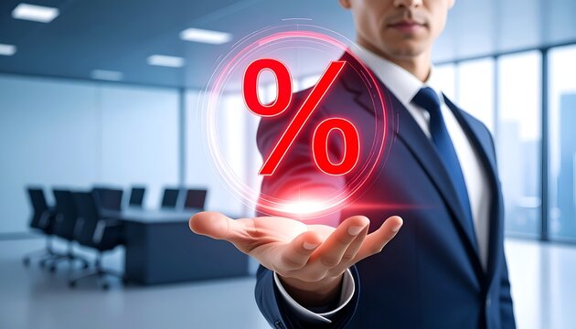 Professional businessman holding a holographic red percentage symbol, representing lower interest rates, financial policy, lending costs, and economic analysis.
