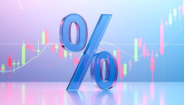 Silver percentage symbol with colorful stock market candlesticks, representing financial rates, market fluctuations, investment analysis, economic data, and trading concepts.