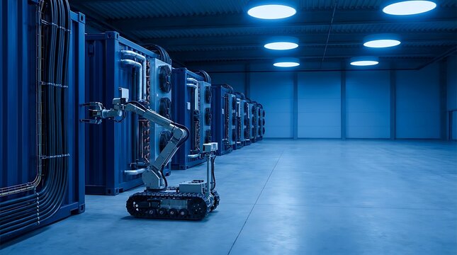 A small robotic crawler with a articulated arm checks blue modular container units inside a large, brightly lit industrial warehouse facility with circular ceiling lights.