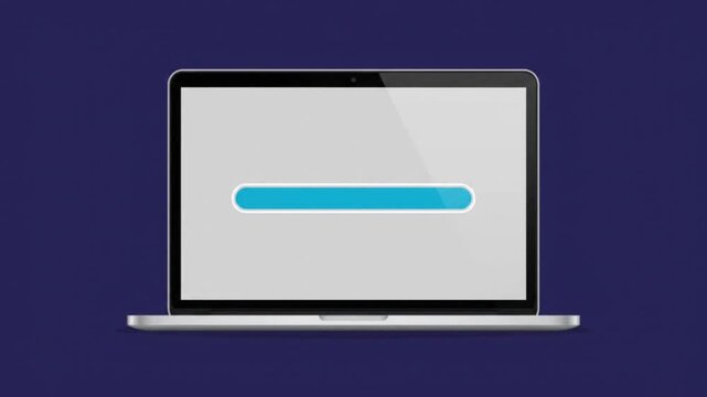Laptop Computer Showing Progress Bar Loading Screen on Blue Background