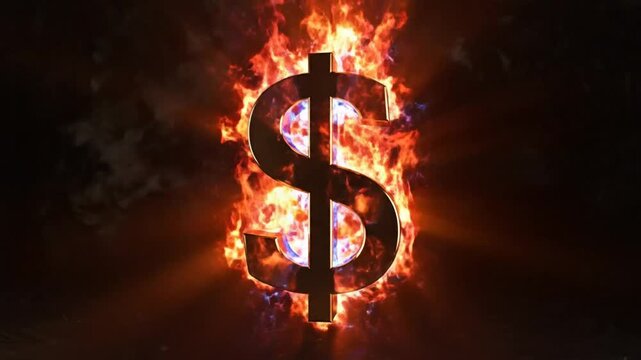 Burning dollar sign graphic symbol engulfed in flames on dark background, financial concept