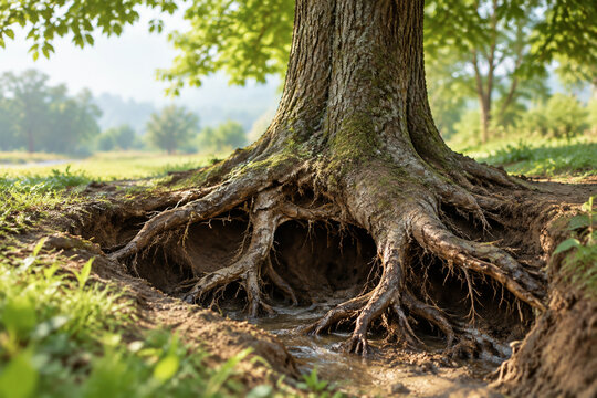 A large tree with subtly subsiding soil, its underground roots hollowed by water in morning light.