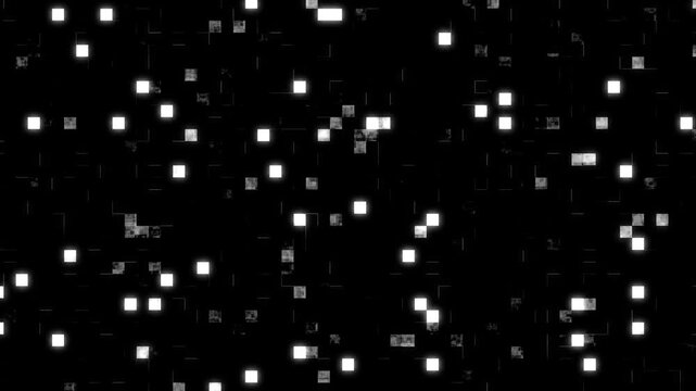 Abstract digital grid animation featuring glowing white square pixels blinking on dark background with technological glitch effects and dynamic data stream motion aesthetic.