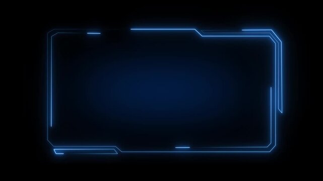 Futuristic blue neon digital hud border animation for cyber technology display showing glowing electric light lines forming rectangular frame on dark background motion footage.