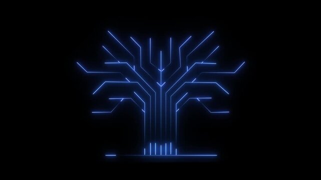 Digital tree motion graphic animation abstract background futuristic blue glowing lines forming tree shape concept of artificial intelligence and technology growth.
