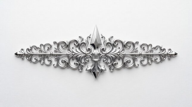 Ornate silver metal scrollwork ornament with elegant flourishes and sharp spearhead elements centered horizontally against a clean solid white studio background