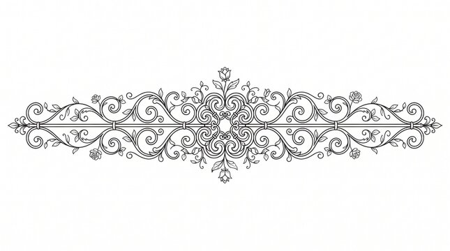 Elegant black and white vector line art scrollwork design featuring intricate vintage floral flourishes and symmetrical ornamental decorative swirls isolated against a plain white background