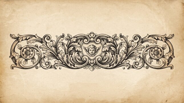 Vintage engraving banner featuring intricate floral scrollwork and a central cherub face illustration set against an aged yellowish parchment paper background for elegant design projects