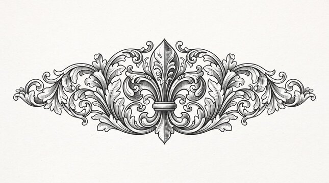Intricate fleur de lis emblem featuring classical vintage engraving style with elegant ornamental flourishes and detailed decorative baroque patterns on textured paper background