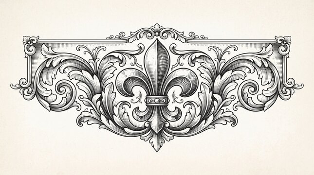 Ornate vintage fleur de lis heraldic symbol featuring intricate baroque scrollwork filigree flourishes and traditional engraving style line art set against white parchment paper