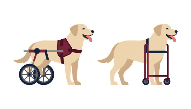 Disabled retriever dog characters using wheelchair cart for rear legs mobility support and medical walker device isolated on white background