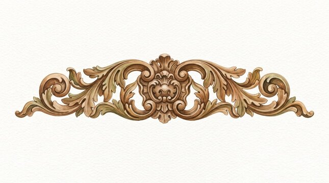 Ornate carved wooden architectural molding element featuring symmetrical acanthus leaves and classic baroque scrollwork patterns painted in watercolor on textured white paper