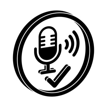 Microphone with Sound Waves and Check Mark Icon in Circular 3D Perspective Badge Vector Illustration