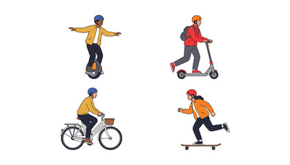 Eco friendly urban transportation vector icon set featuring cartoon people riding electric unicycle kick scooter bicycle and skateboard wearing protective helmets © akin