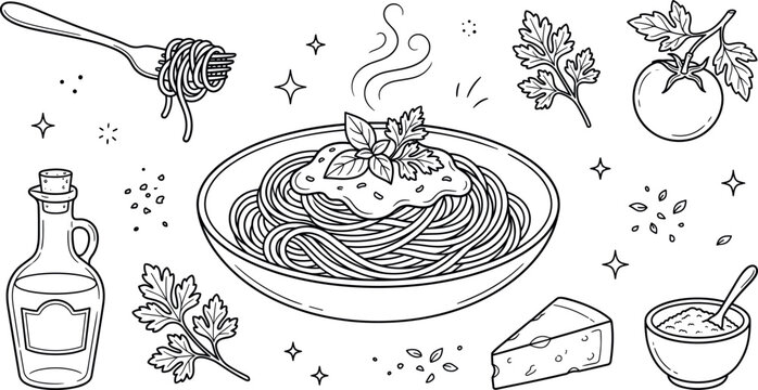 Italian spaghetti pasta bowl line art vector illustration with tomato sauce olive oil cheese fork and fresh ingredients