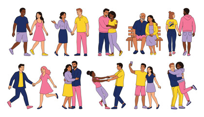 Fototapeta premium Diverse Happy Couples Vector Set with Multiethnic Men and Women Walking Hugging Taking Selfie and Dating for Relationship Valentine and Social Graphic Designs