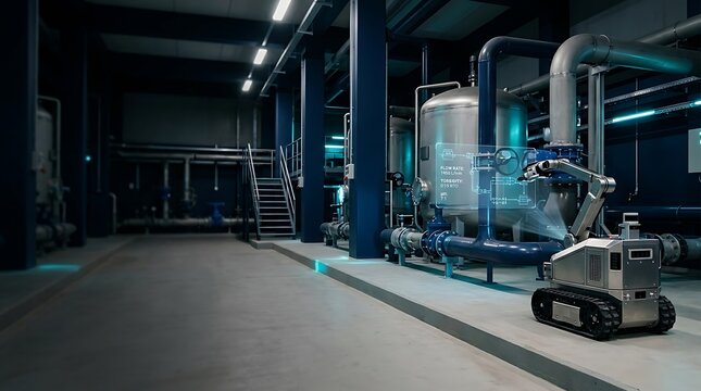 An autonomous tracked service robot using a robotic arm to analyze and scan a large industrial pipe within a modern facility featuring metallic storage tanks, overhead stairs, and ambient lighting.