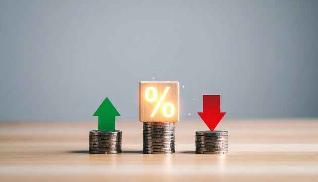 Stacks of coins with wooden percentage and directional arrow symbols, representing changing interest rates, financial performance, investment decisions, and economic fluctuations.