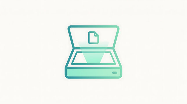 Minimalist teal flatbed scanner glass icon scanning a paper document for archiving