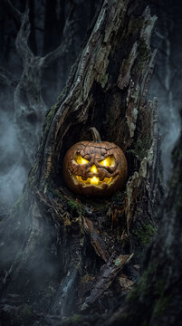 Sinister glowing carved pumpkin in dark woods horror phone wallpaper