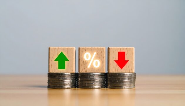 Wooden financial blocks showing rising and falling arrows around a percentage symbol, placed on coins, representing interest rates, investment decisions, savings, and economic trends.