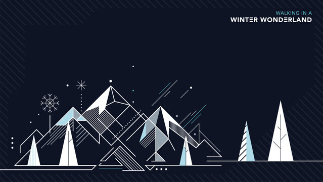 Abstract geometric walking in a winter wonderland with night sky background modern retro style horizontal template have blank space.