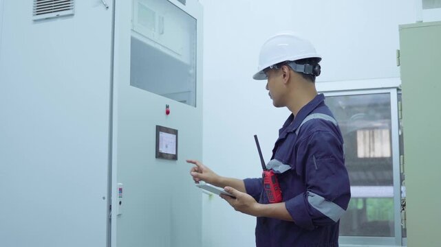 Environment Engineers checking data electrical control panels, air pollution reduction on digital displays.Technician use tablet continuous emission monitoring system in factory and industry. ESG. Eco