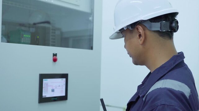 Environment Engineers checking data electrical control panels, air pollution reduction on digital displays.Technician use tablet continuous emission monitoring system in factory and industry. ESG. Eco