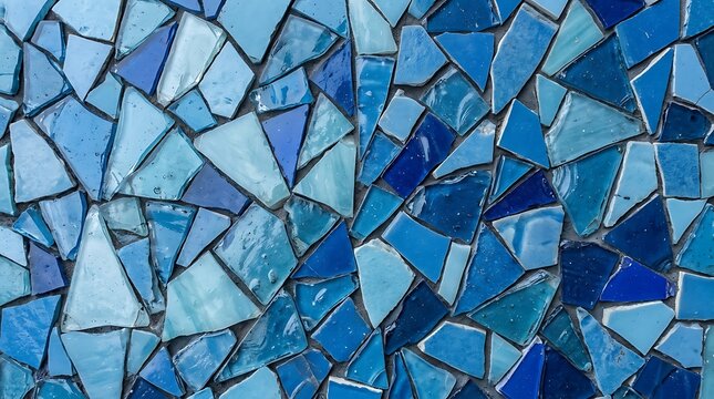 Abstract mosaic wall texture in shades of blue and light blue tiles