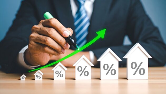 Businessperson drawing an upward green arrow beside increasing house-shaped percentage symbols, representing rising interest rates, mortgage expenses, and housing finance costs.