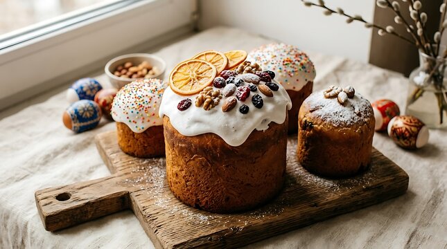 Traditional easter bread cakes decorated with white icing and dried orange slices on a wooden board