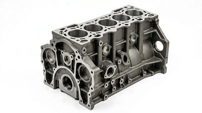 Used automotive engine block isolated on a plain white background for repair work