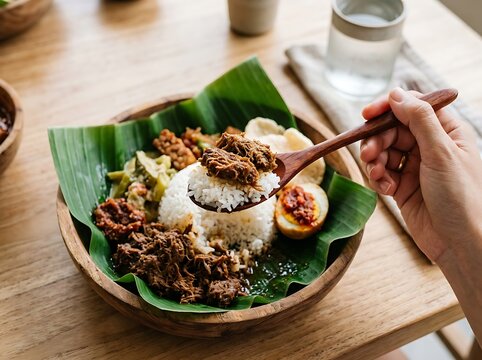 Indonesian gado gado salad with peanut sauce and fresh vegetables served in banana leaf