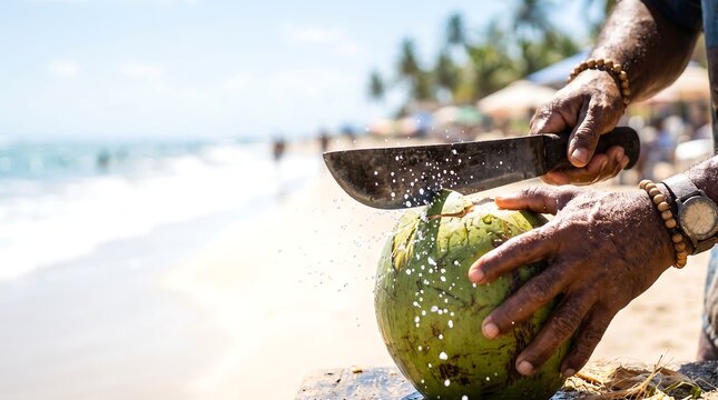 Man cutting fresh green coconut with machete on tropical beach