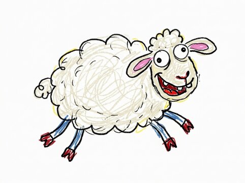 Cheerful cartoon sheep running with wide grin and scribble wool on white background. Funny hand-drawn animal character for kids. Children book illustration. Humor and farm animal concept.