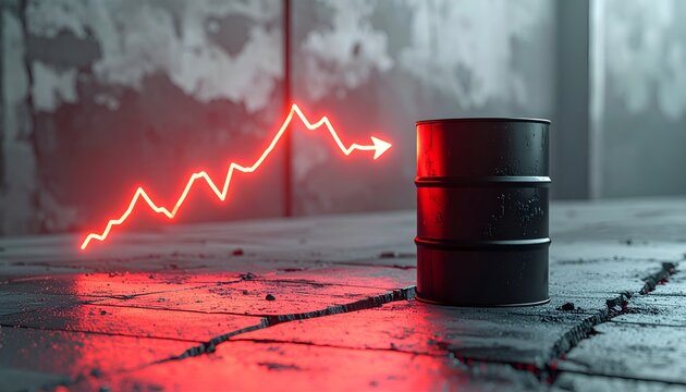 Black oil barrel with a red fluctuating market line on cracked ground, symbolizing energy market instability, oil price changes, economic risk, and financial volatility.