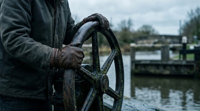 Person in gloves turning a large metal wheel at a canal lock gate