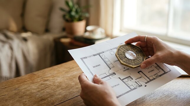 Person holding a Feng Shui compass over a house floor plan on a wooden table