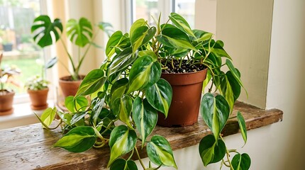Obraz premium Lush trailing philodendron houseplant in a terracotta pot sitting on a bright sunny wooden window sill