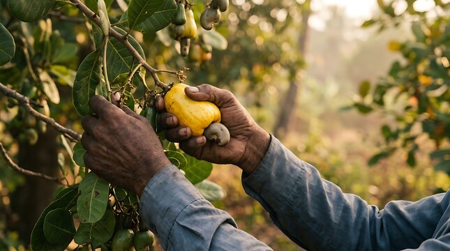 Farmer harvesting ripe yellow cashew fruit from a tree branch