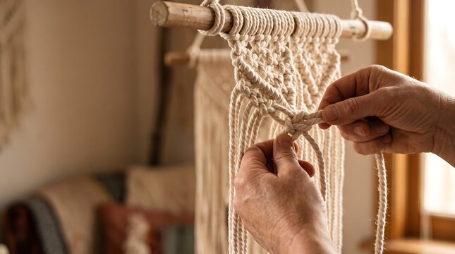 Close up of hands crafting a macrame wall hanging with natural rope and wooden dowel